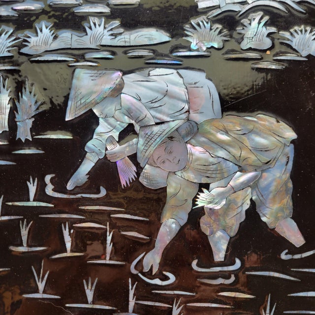 VTG Rare Set of 4 Panels Vietnamese Mother of Pearl Inlay Lacquer Fishing Hunting Plaques Farm Life MCM Sơn Mài For Sale - Image 13 of 18