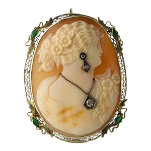 1920s Art Deco 14k White Gold Emerald Diamond Cameo Pin/Pendant