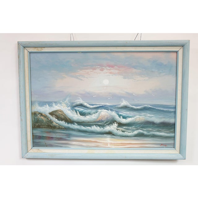 Late 20th Century Original Oceanscape Oil Painting on Canvas – Pastel Sunrise Waves, Signed, Framed For Sale - Image 6 of 7