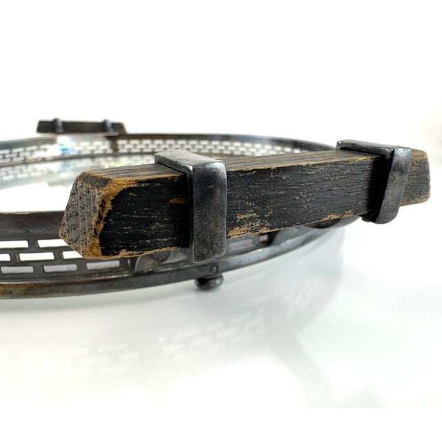 Mid 20th Century Silverplate Gallery Tray With Cut Glass Starburst Design and Wood Handles For Sale - Image 4 of 8