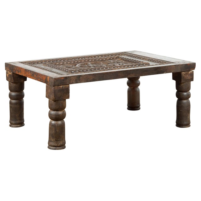 Indian 19th Century Small Wooden Coffee Table with Carved Floral Motifs For Sale - Image 13 of 13