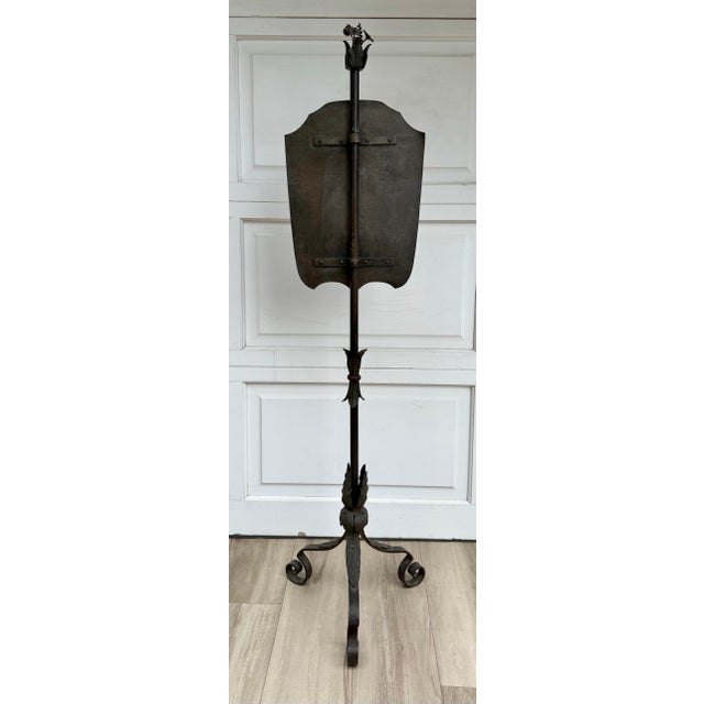 Antique Hand-Painted Floral Tôle Shield Fireplace Screen on Wrought Iron Stand For Sale - Image 10 of 12