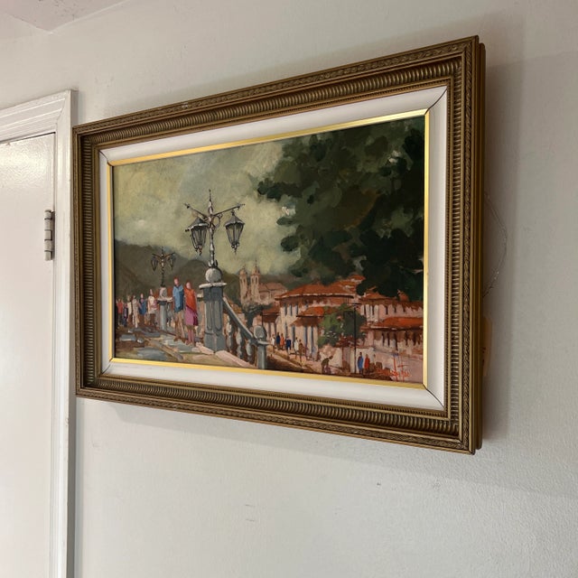 20th Century European School Oil on Canvas Framed Signed Urban Terrace Scene For Sale - Image 9 of 10