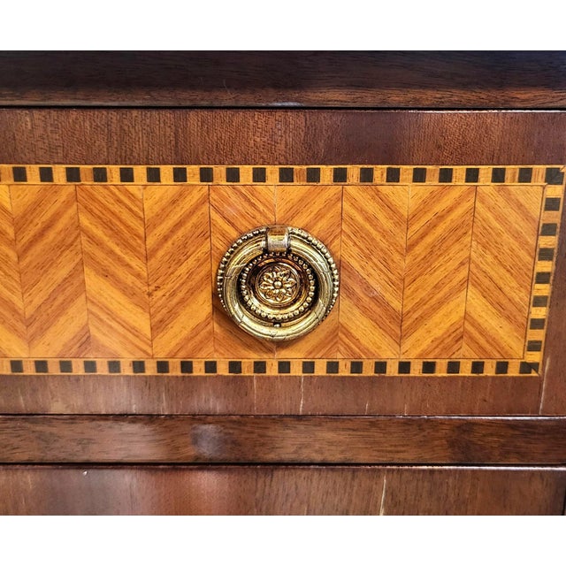 Pair Antique French Louis XV Style Inlaid & Sienna Marble Chest Commodes Signed For Sale - Image 15 of 18