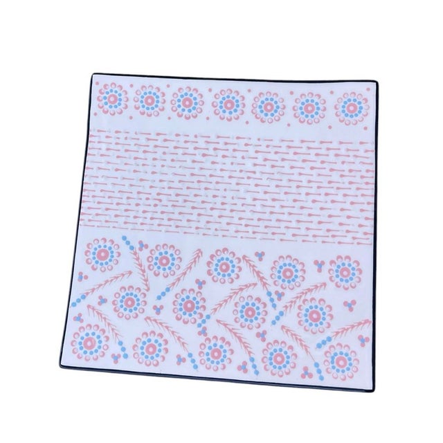 2000 - 2009 Vintage South African Square Ceramic Serving Platter – Pink & Light Blue Bohemian Dotted Floral Design For Sale - Image 5 of 12