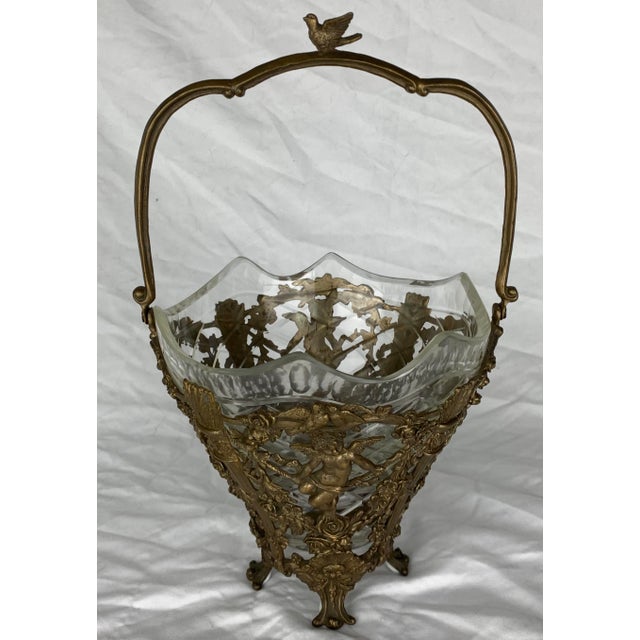 Early 20th Century Vintage Brass Filigree and Cut Glass Basket Vase. For Sale - Image 5 of 12