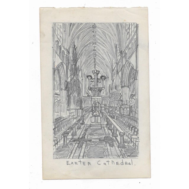 1943 drawing on paper of the interior of Exeter Cathedral by Devon, England artist William E. Wood. Signed with initials...