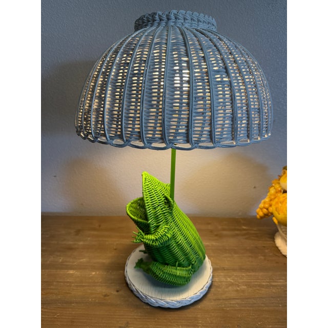 Off-white Vintage Wicker Rattan Frog White and Green Table Lamp For Sale - Image 8 of 10