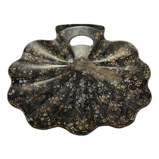 Victorian Papier Mache Crumber: Lacquered Clamshell Tray, Floral Decor For Sale