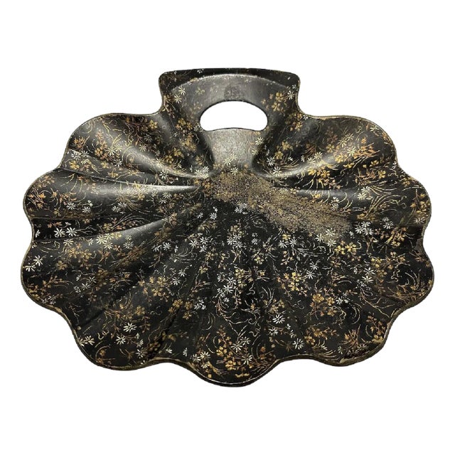 Victorian Papier Mache Crumber: Lacquered Clamshell Tray, Floral Decor For Sale