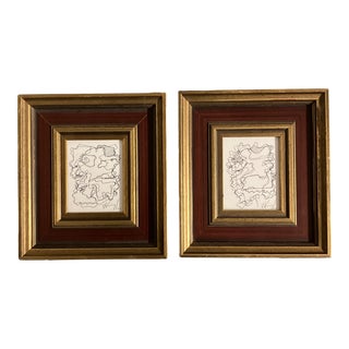 1980’s Set of 2 Original Wayne Cunningham Small Abstract Ink Drawings, Framed For Sale