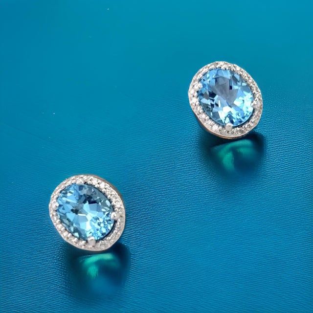 Blue Natural Topaz Diamond Stud Earrings 14k W Gold 6.98 TCW Certified For Sale - Image 8 of 17