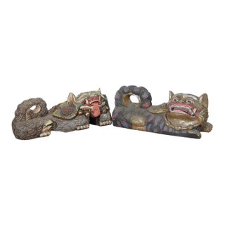 20th Century Large Chinese Polychromed Carved Wood Foo Dogs - a Pair For Sale