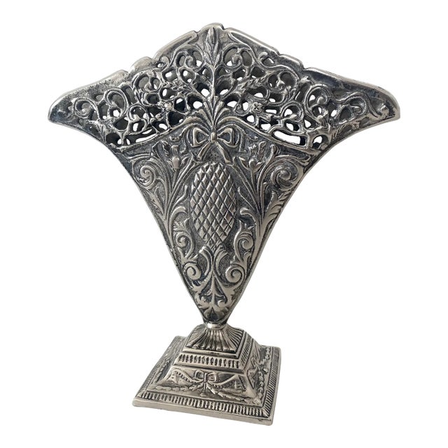 Ornate Fan Vase, Art Nouveau-Style Scrollwork, a Reticulated Top Edge, and a Central Pineapple Motif Vintage For Sale
