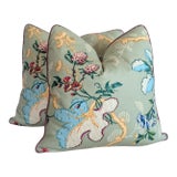 Brunschwig & Fils Fabriano Pillows in Jade With Lavender Braided Cord For Sale