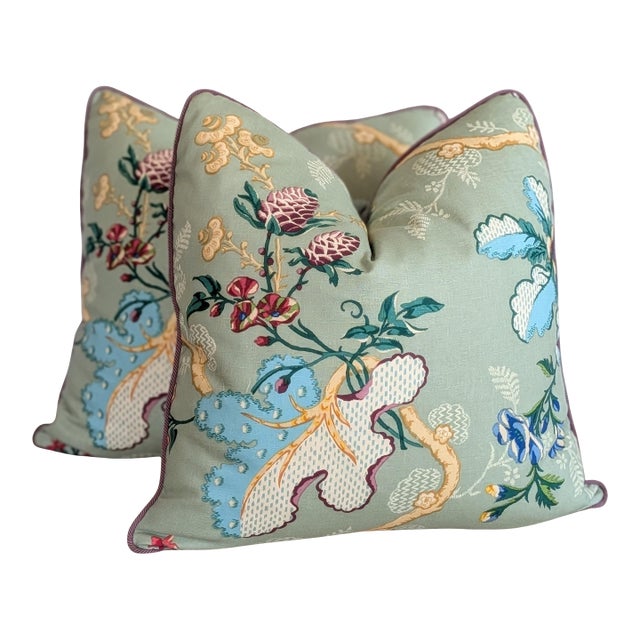 Brunschwig & Fils Fabriano Pillows in Jade With Lavender Braided Cord For Sale