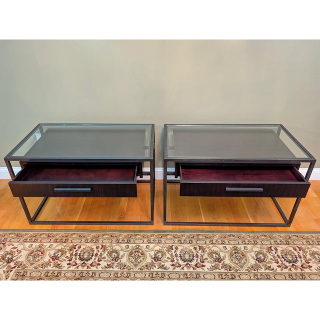 Mid-Century Modern Restoration Hardware Industrial Glass-Top Nightstands, Herringbone Wood Inlay – Pair For Sale - Image 3 of 5
