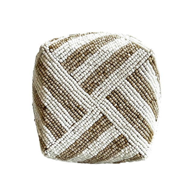 Beautiful vintage hand beaded accessory box made from woven bamboo and intricately covered with striped patterns of tan...