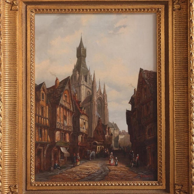 1930s Flemish Cathedral Oil Painting on Canvas in Giltwood Frame For Sale - Image 4 of 4
