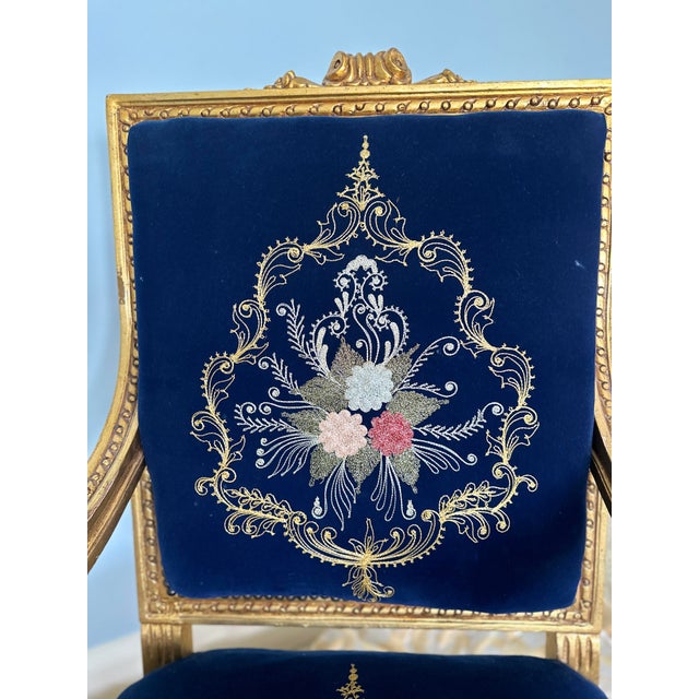 Navy Blue Mid 20th Century French Louis XVI Style Giltwood & Navy Embroidered Velvet Fauteuils- Pair For Sale - Image 8 of 18