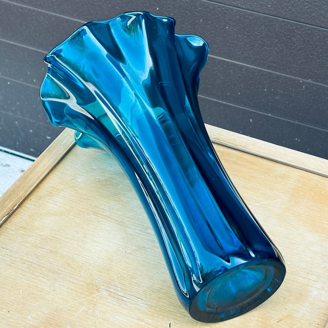 Blue Mid-Century Modern Blue Ruffled Rim 14" Tall Blown Glass Vase For Sale - Image 8 of 11