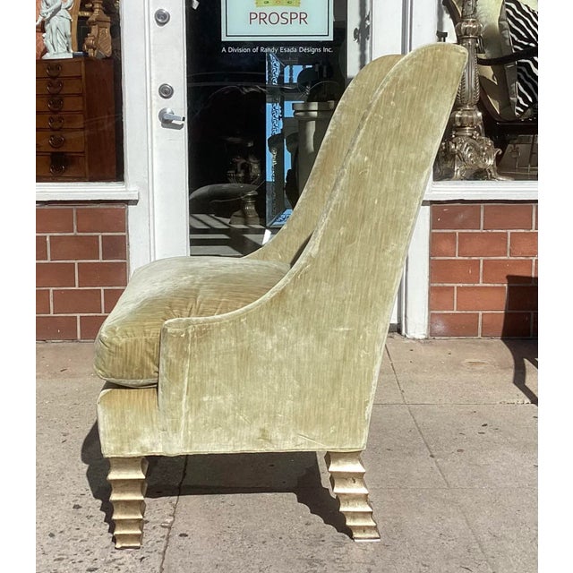 2000 - 2009 Modern Wingback Down Filled Green Silk Velvet Giltwood Chair For Sale - Image 5 of 5