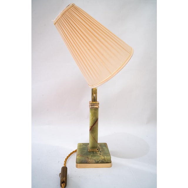 Metal Art Deco Jade Table Lamp with Brass and Fabric Shade, 1920s For Sale - Image 7 of 18