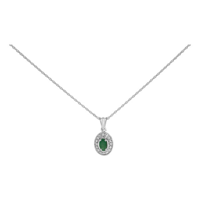 14K White Gold Oval Green Emerald and Diamond Halo Pendant Necklace - 18" Inches For Sale