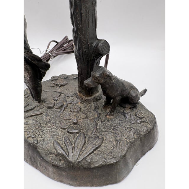 1900s Art Nouveau Bronze Figural Table Lamp With Pink Glass Flower Shade For Sale - Image 4 of 12