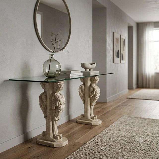 A Neoclassical-style console table featuring a clear glass top that highlights its elegant design and quality materials....