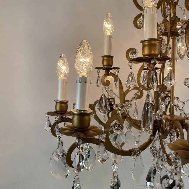 Metal Chandelier in Gilded Iron and Crystals, 1950s For Sale - Image 7 of 11