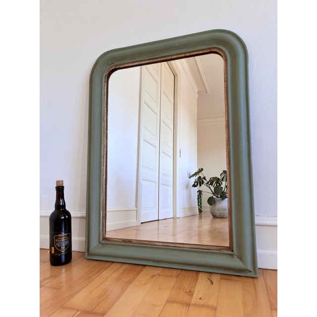 Wood Large Antique French Louis Philippe Mirror – Green and Gold, Late 19th Century For Sale - Image 7 of 9