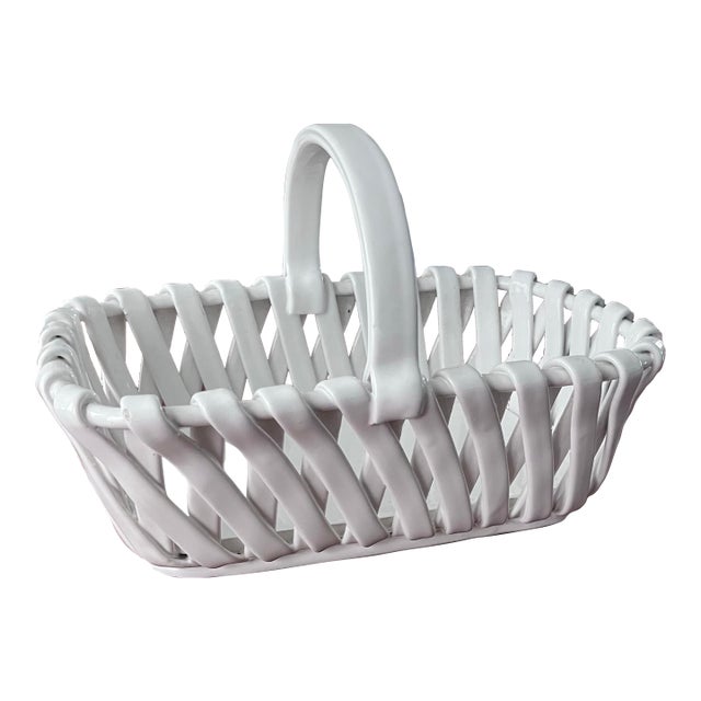 Mid-Century Vintage Italian Woven Ceramic Handled Basket For Sale