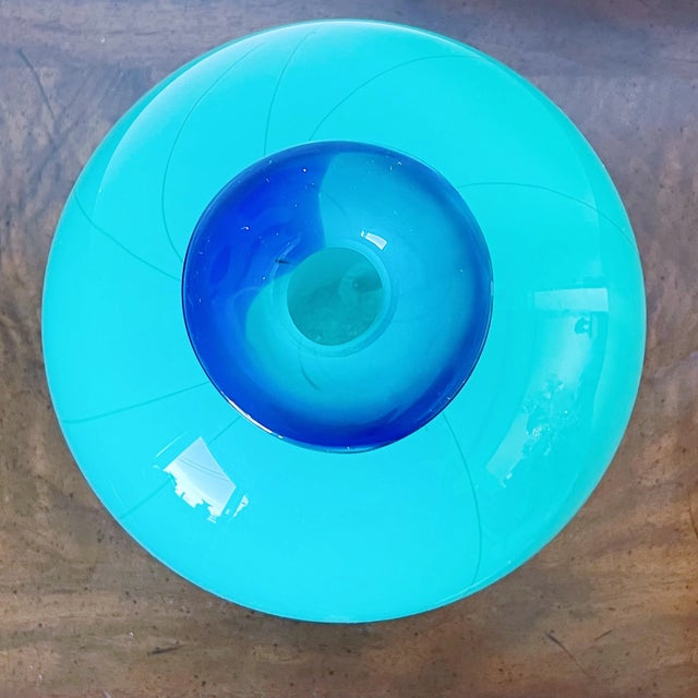 Vintage Mouth-Blown Art Glass Round Bowl-Shaped Vase in Vibrant Blue, Signed For Sale - Image 4 of 6