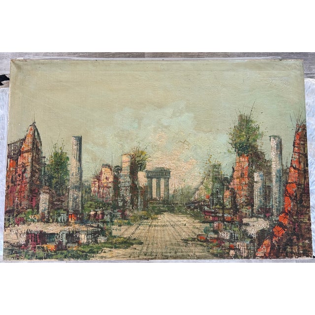 A striking mid-century modern oil painting depicting an abstracted architectural cityscape inspired by classical ruins....