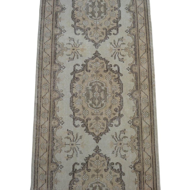 Beige Traditional Oushak Runner Rug Faded Colors Low Pile Distressed Long Runner Rug - 2'9″ X 12'7″ For Sale - Image 8 of 12