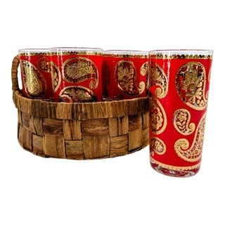 1960s Culver 22k Red & Gold Paisley Highball Glasses & Basket – Set of 8 For Sale