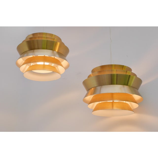 1960s Brass Colored Metal Pendant Trava Lamps by Carl Thore, Sweden from Granhaga Metallindustri, 1960s, Set of 2 For Sale - Image 5 of 14