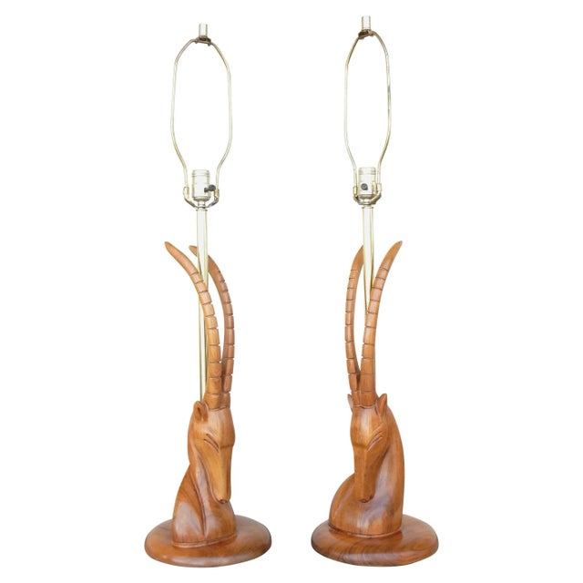 Wood Moderne Stylized Gazelle Bust Walnut Sculpture Lamps - A Pair For Sale - Image 7 of 7