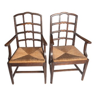 Pair Dutch Rush Seat Wood Arm Chairs For Sale