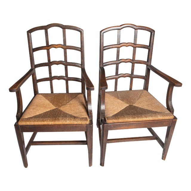 Pair Dutch Rush Seat Wood Arm Chairs For Sale
