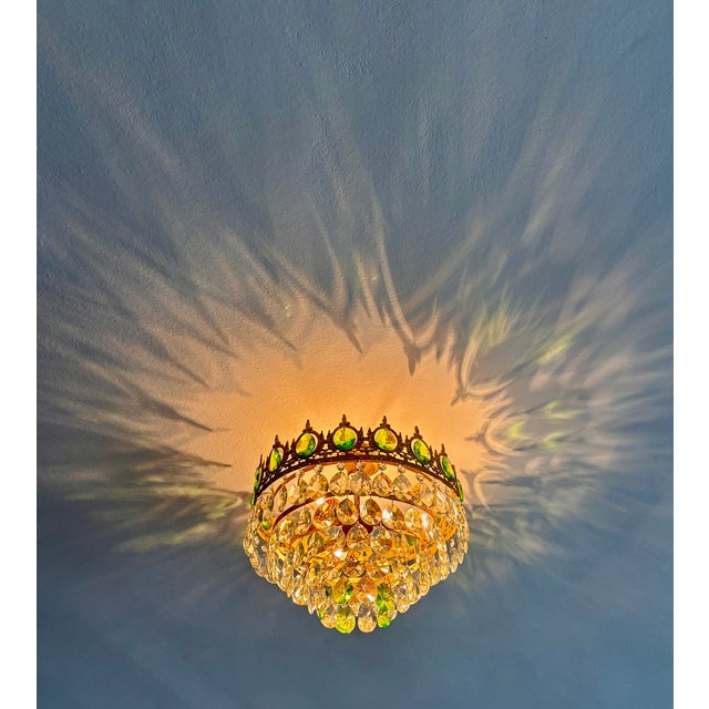 Emerald Vintage Emerald Green & Clear Crystal Crown Flush Mount Chandelier – 3 Light For Sale - Image 8 of 17