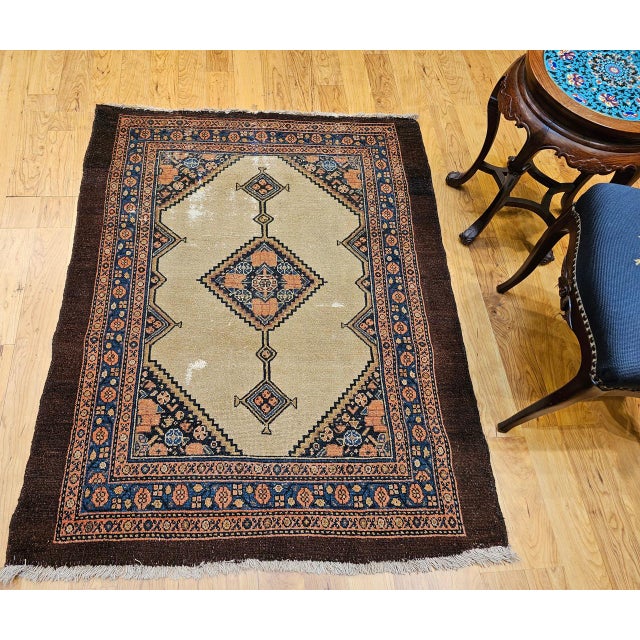 Tan Antique Persian Serab Area Rug, Hand-Knotted Wool, Geometric Medallion Pattern, Camel Hair & Brown, 4x5 For Sale - Image 8 of 18