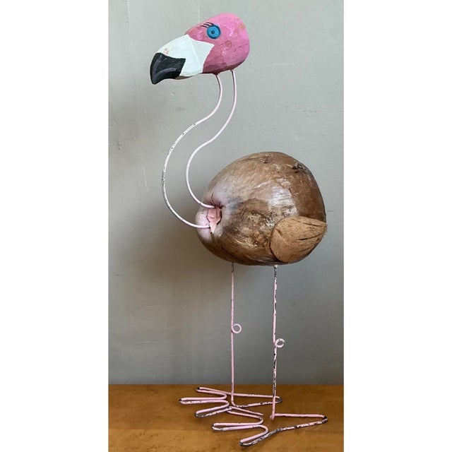 Vintage Coconut and Metal Flamingo Sculpture For Sale - Image 4 of 12