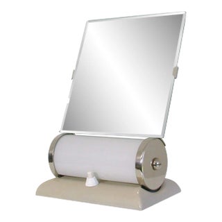 German Bauhaus Illuminated Opaline Glass Vanity Mirror & Table Lamp Combo For Sale