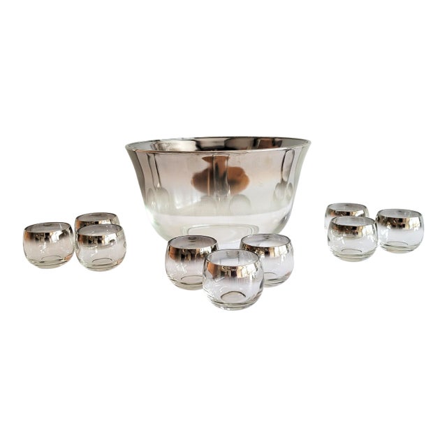 1960s Mid-Century Modern Dorothy Thorpe Style Roly Poly Punch Bowl & Glasses - Set of 10 For Sale