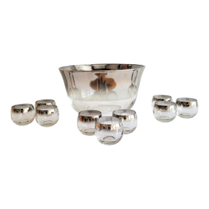 1960s Mid-Century Modern Dorothy Thorpe Style Roly Poly Punch Bowl & Glasses - Set of 10