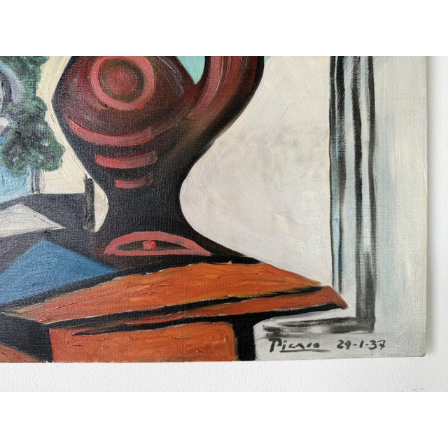 Vintage Pablo Picasso “Compote Dish and Pitcher by Window” 1937 Reproduction Oil on Canvas Painting, Unframed For Sale - Image 4 of 12