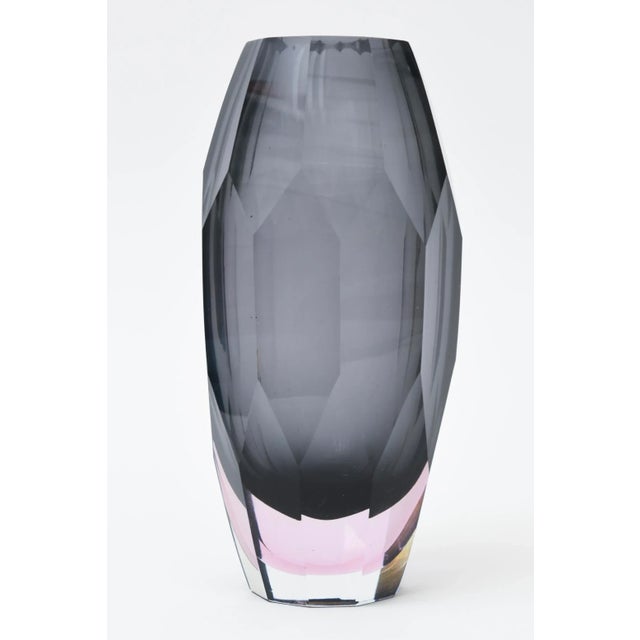 This lovely vintage Murano faceted sommerso glass vase goes from gray to pink. The top is flat cut polished. The label on...