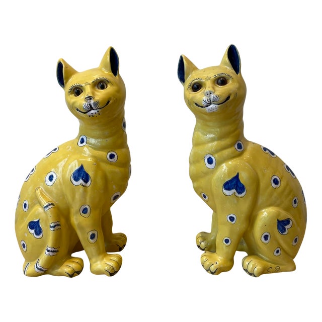 Emile Gallé, Yellow Cats, 1800s, Ceramic, Set of 2 For Sale